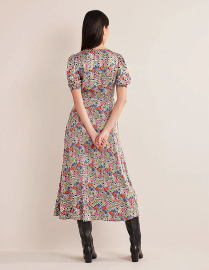 Satin Midi Tea Dress-Multi, Carnation Garden