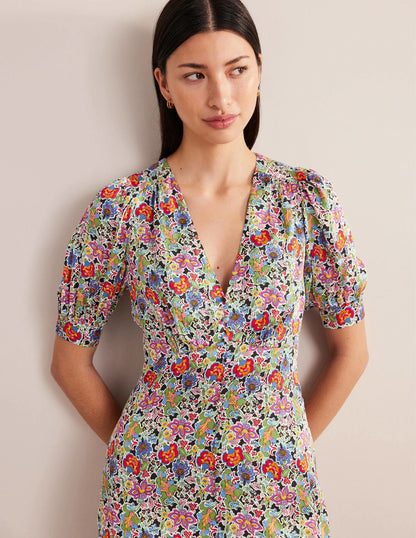 Satin Midi Tea Dress-Multi, Carnation Garden