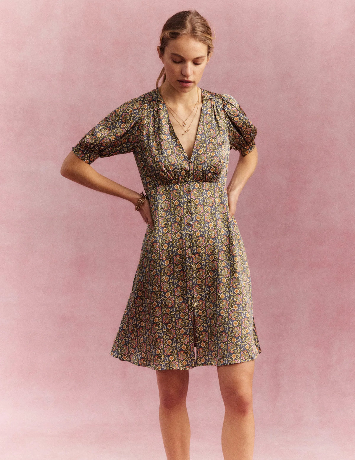 Satin Tea Dress-Nightshadow, Block Paisley