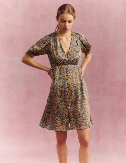 Satin Tea Dress-Nightshadow, Block Paisley