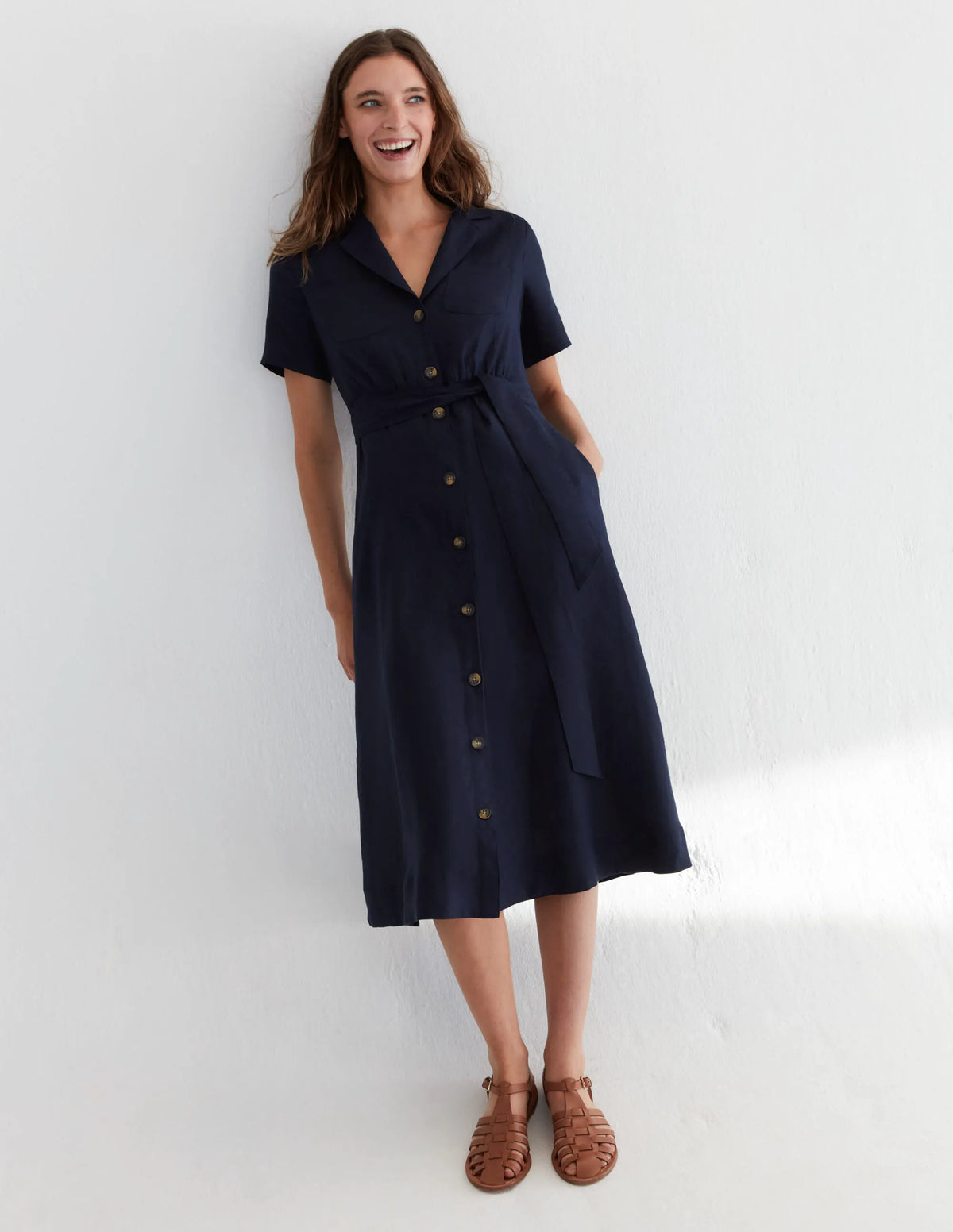 Linen Maxi Shirt Dress-Navy