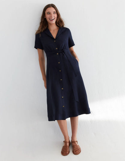 Linen Maxi Shirt Dress-Navy