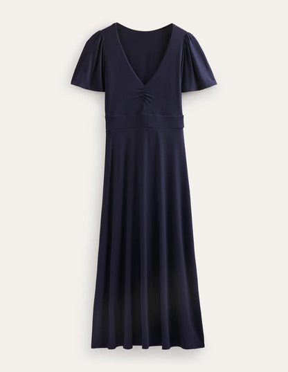 V-Neck Jersey Midi Dress-Navy