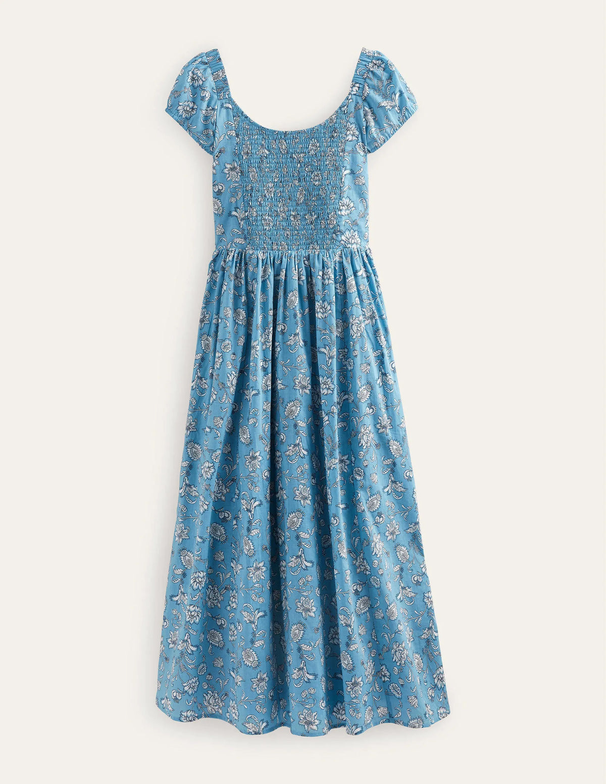 Scoop-Neck Smocked Midi Dress-Delphinium Blue, Meadow Fall