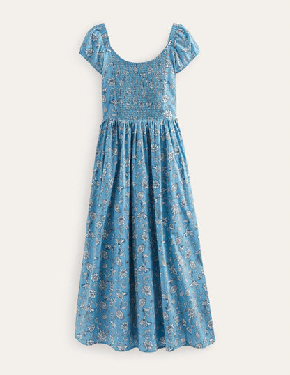 Scoop-Neck Smocked Midi Dress-Delphinium Blue, Meadow Fall