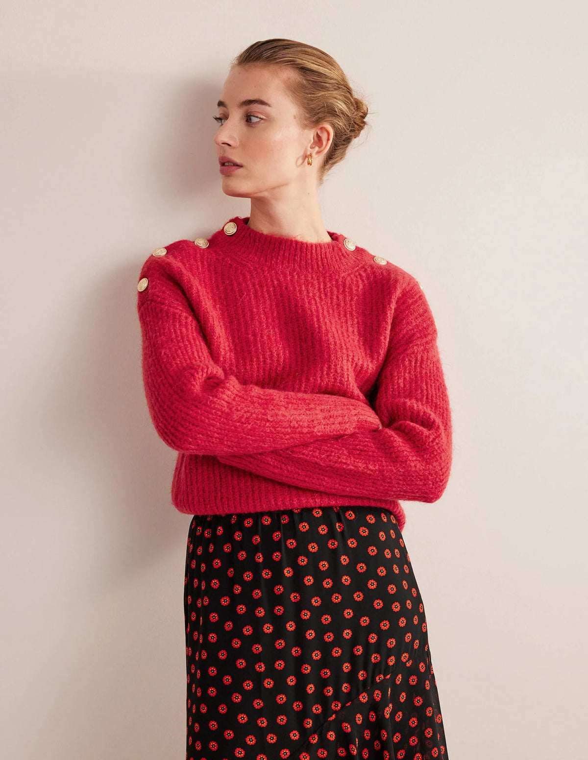 Fluffy Ribbed Button Sweater-Ruby