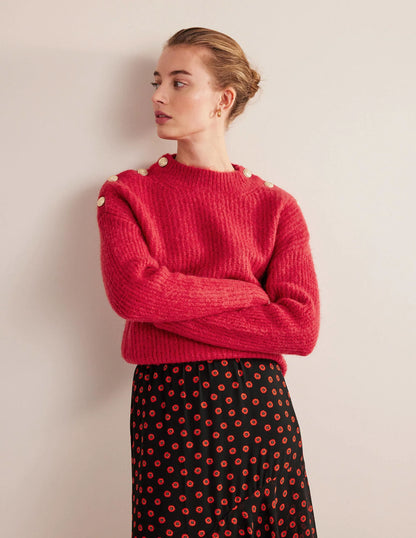 Fluffy Ribbed Button Sweater-Ruby