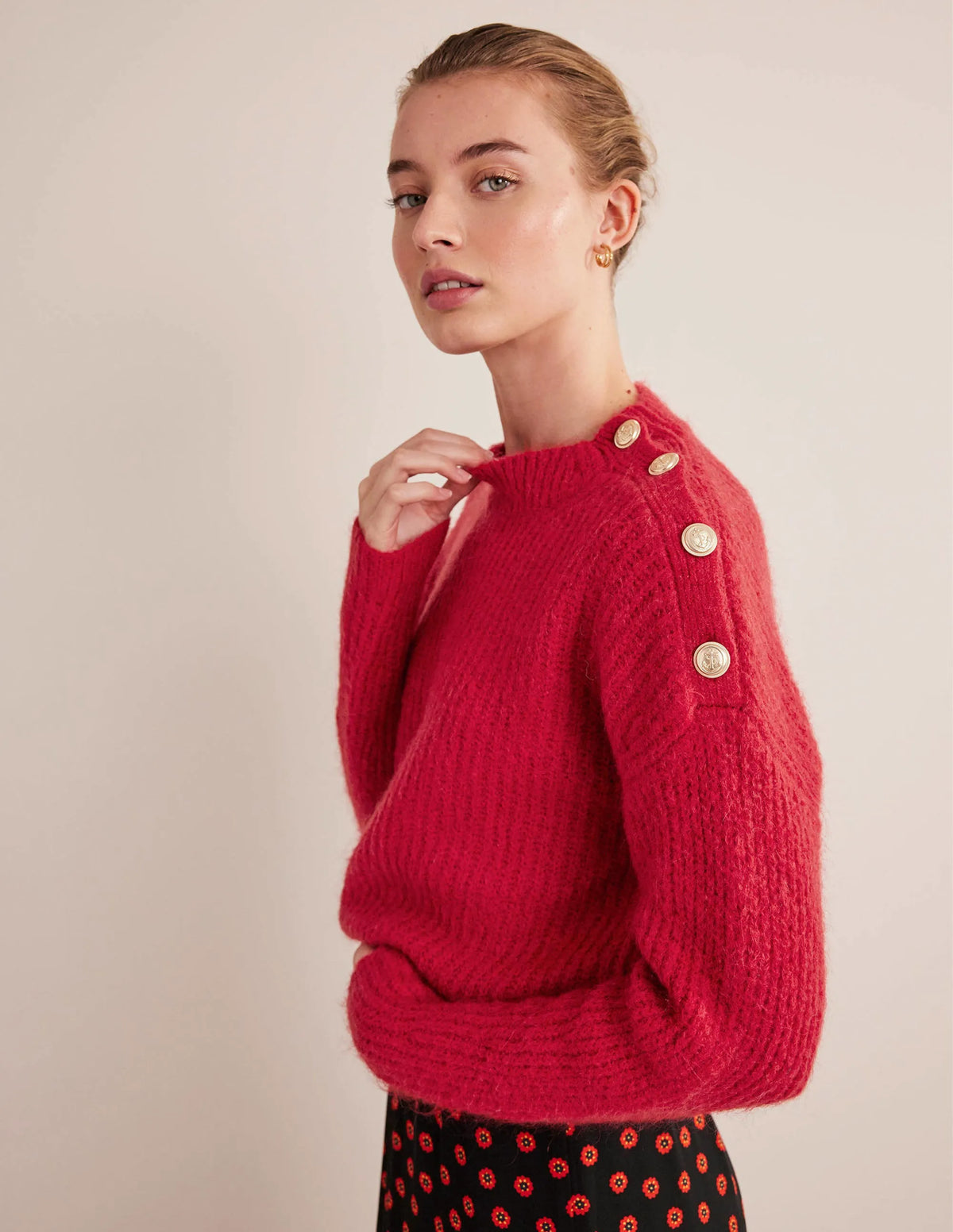 Fluffy Ribbed Button Sweater-Ruby