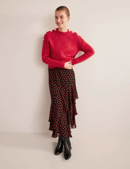 Fluffy Ribbed Button Sweater-Ruby
