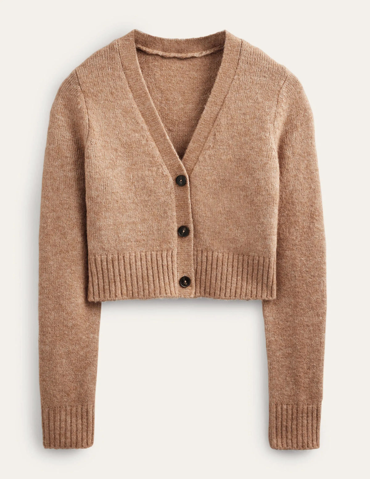 Fluffy Cropped V-Neck Cardigan-Camel Melange