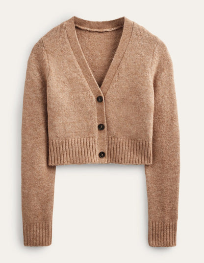 Fluffy Cropped V-Neck Cardigan-Camel Melange