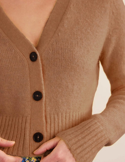Fluffy Cropped V-Neck Cardigan-Camel Melange