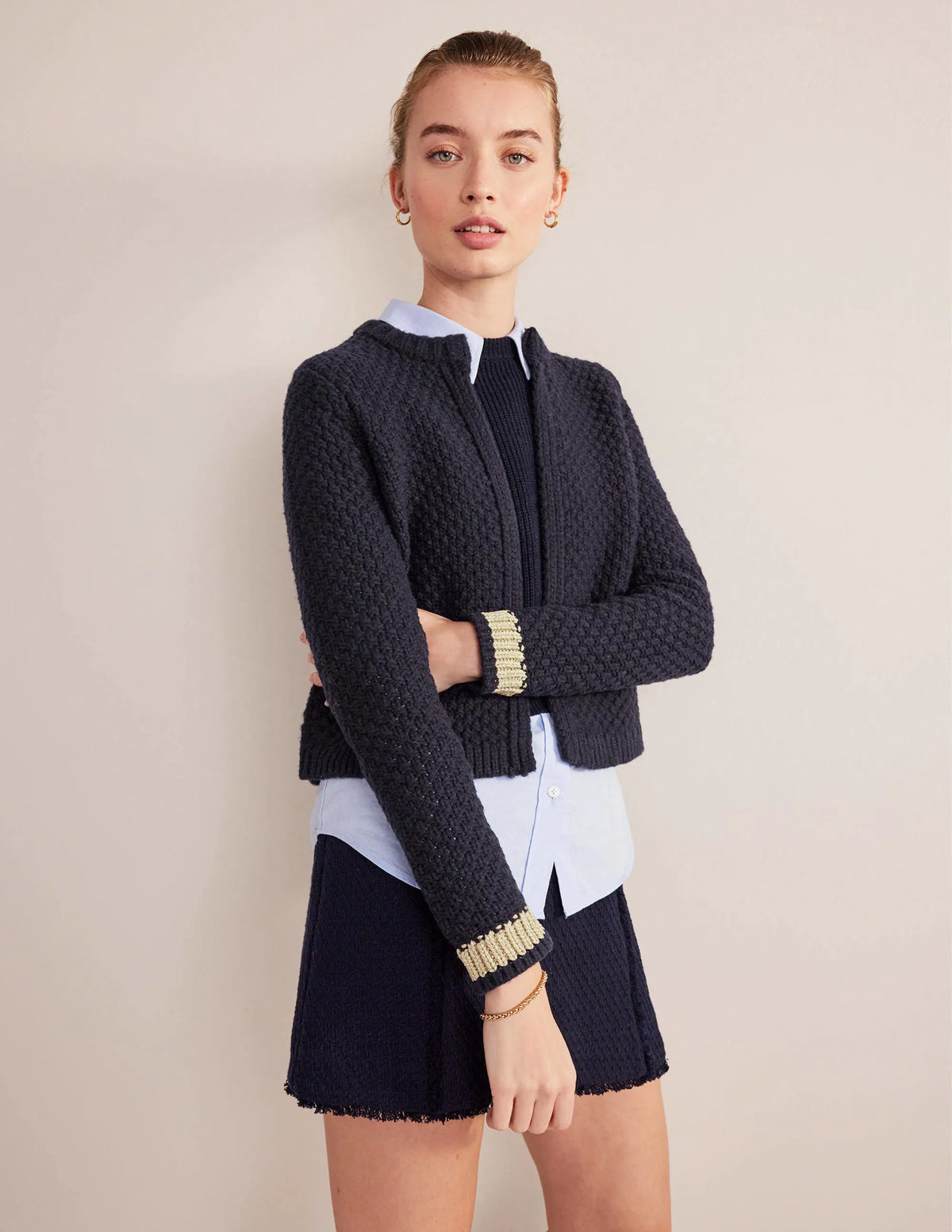 Textured Chunky Wool Cardigan-Navy, Gold