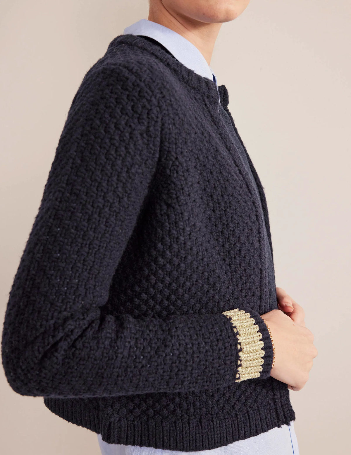 Textured Chunky Wool Cardigan-Navy, Gold