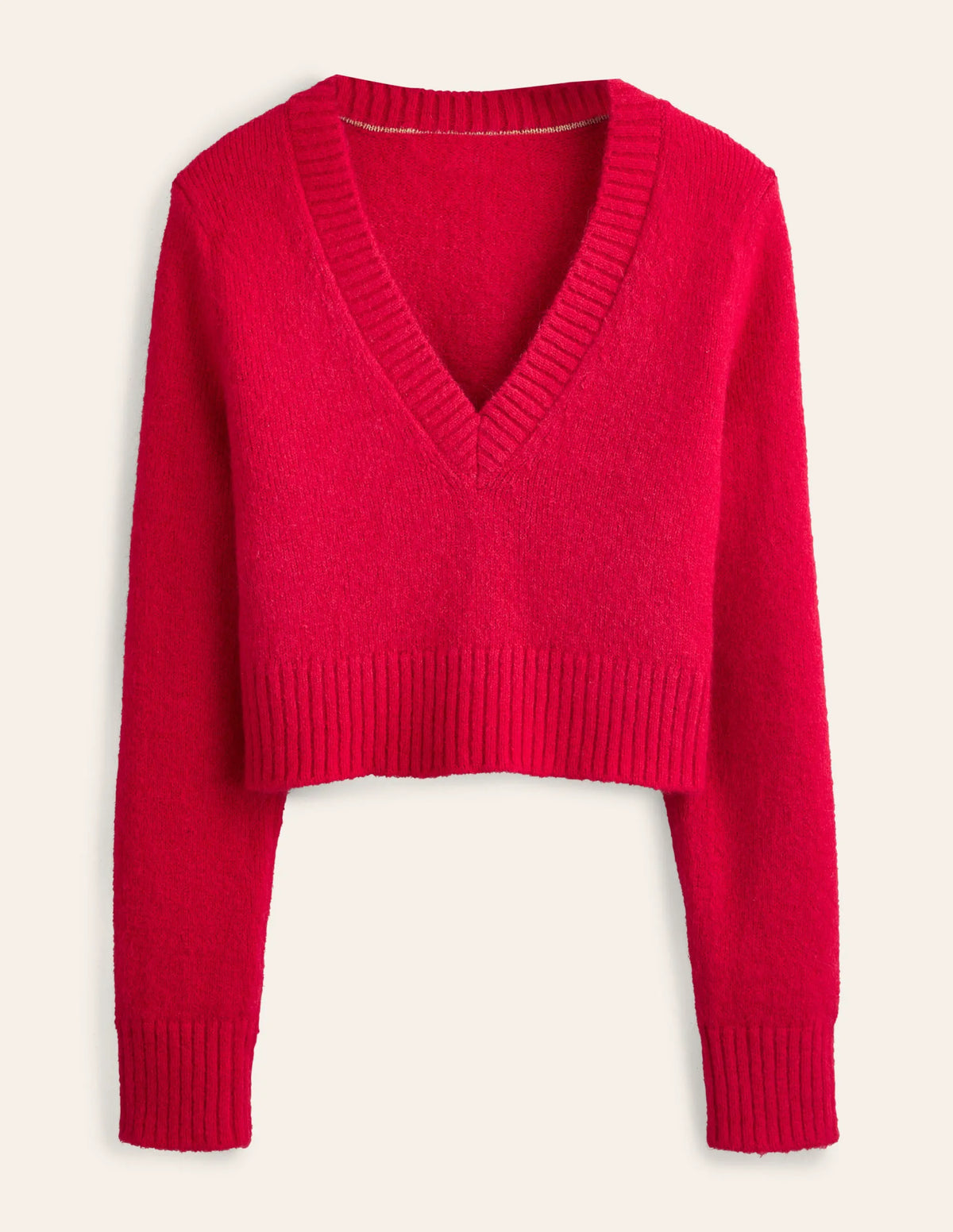 Fluffy Cropped V-Neck Sweater-Crimson