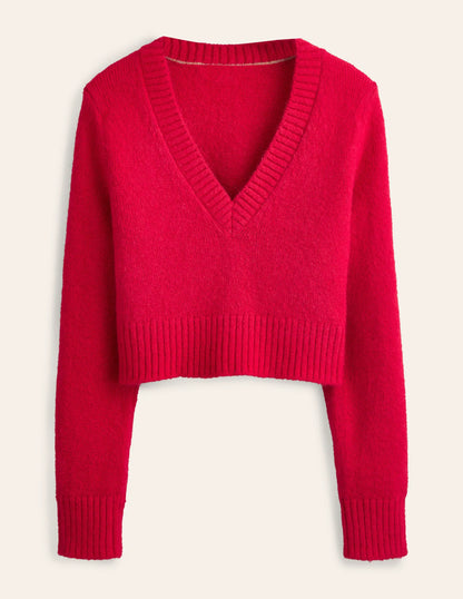 Fluffy Cropped V-Neck Sweater-Crimson