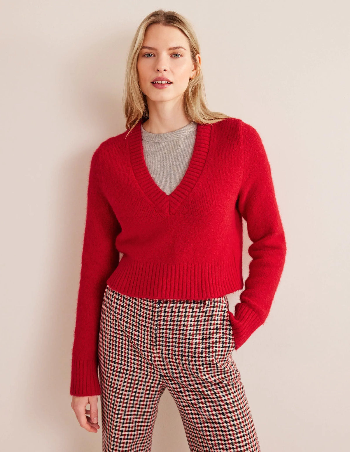 Fluffy Cropped V-Neck Sweater-Crimson