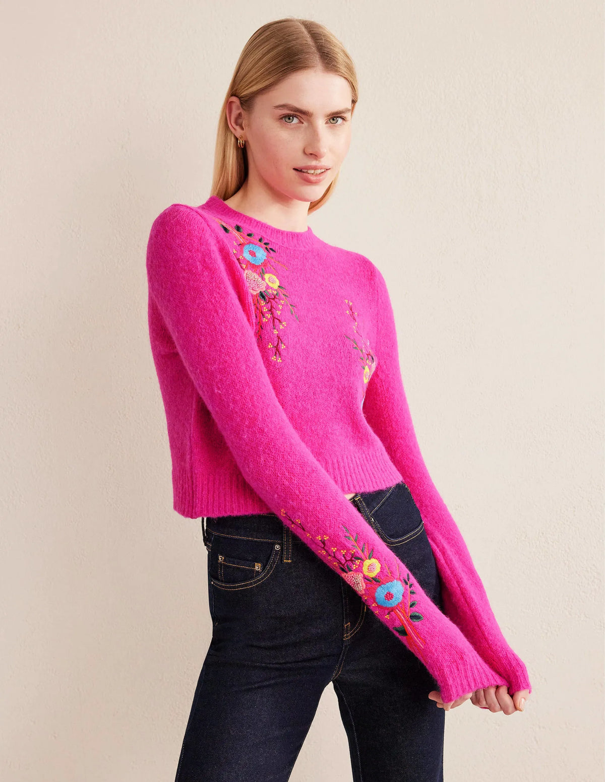 Fluffy Floral Detail Sweater-Shocking Pink Floral