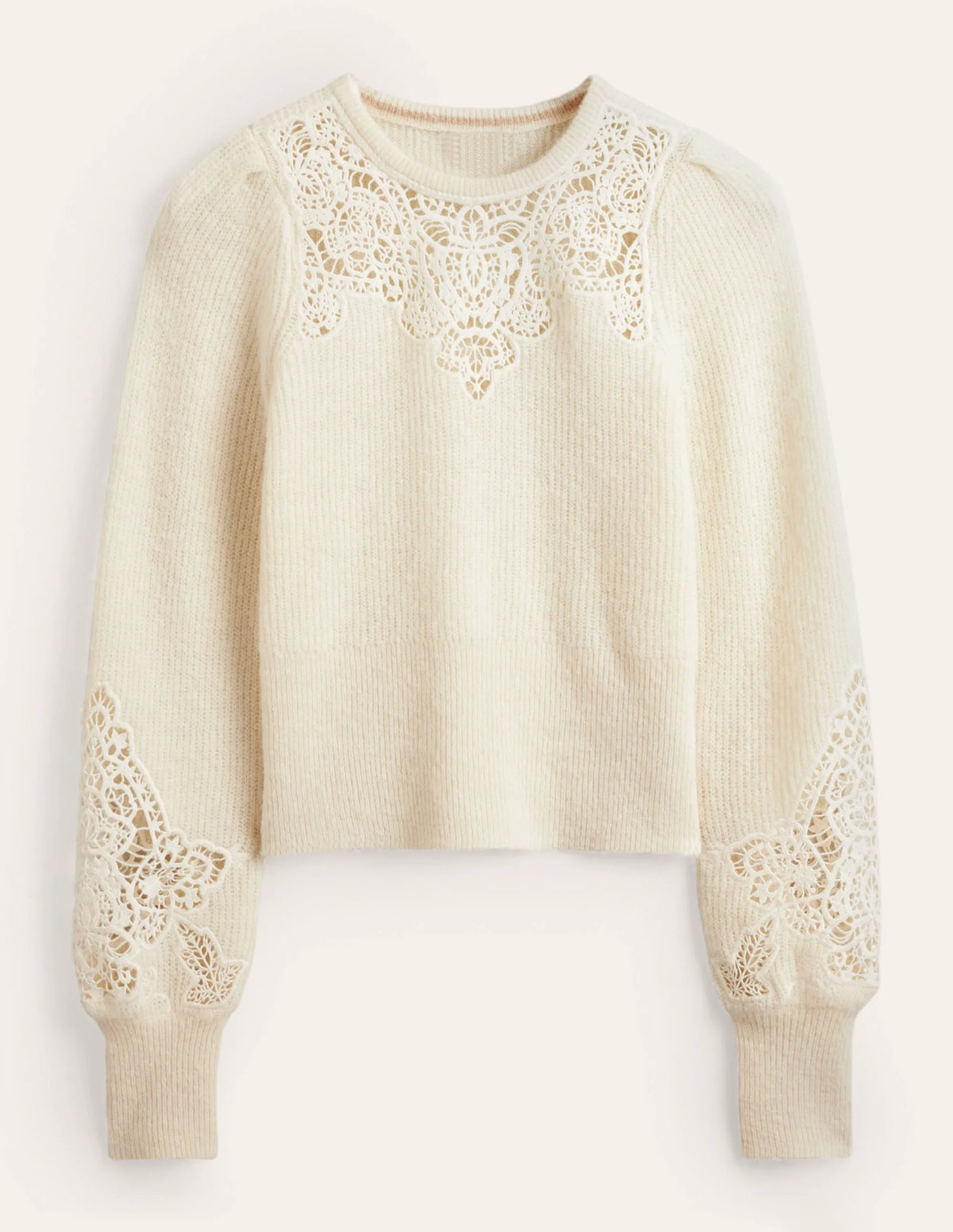 Lace Panel Fluffy Sweater-Ivory