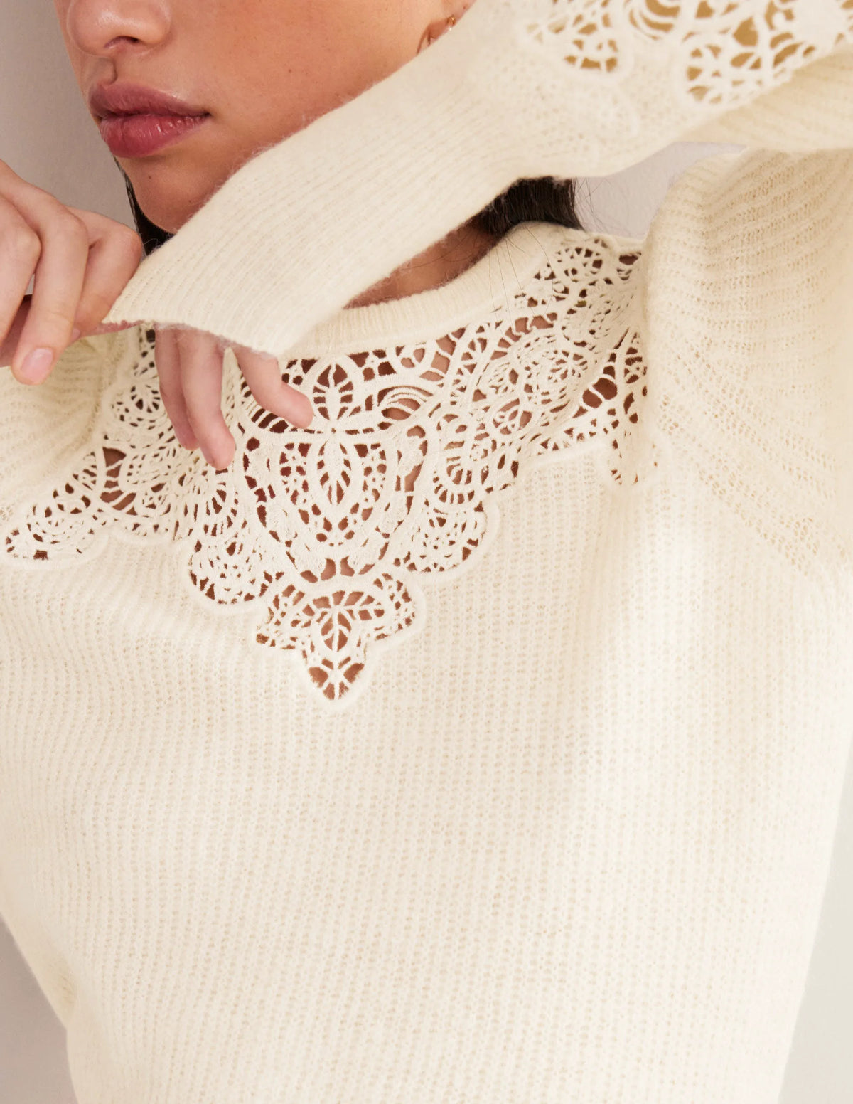 Lace Panel Fluffy Sweater-Ivory