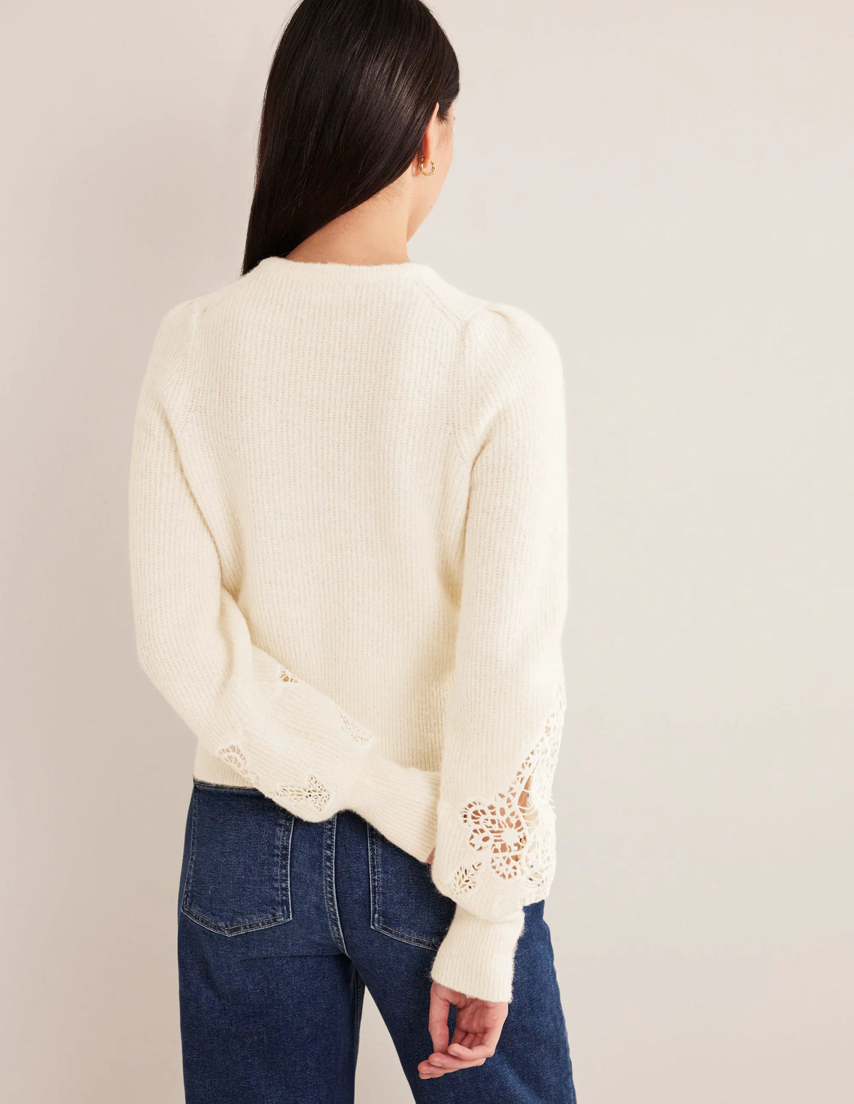 Lace Panel Fluffy Sweater-Ivory