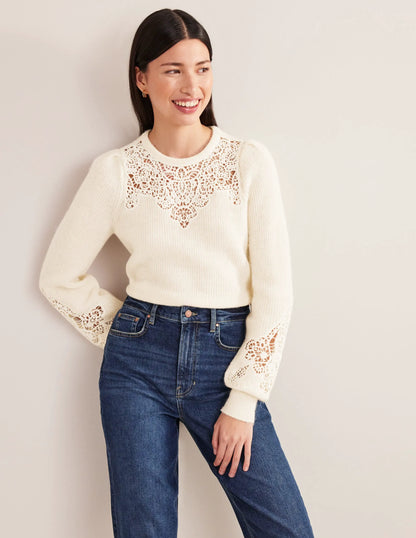 Lace Panel Fluffy Sweater-Ivory