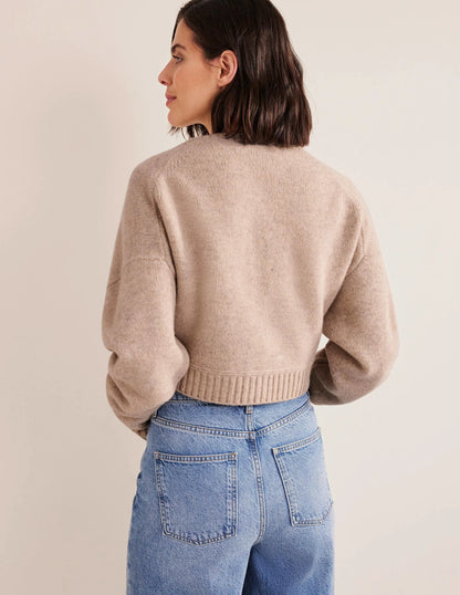 Brushed Wool Cropped Cardigan-Oatmeal Melange