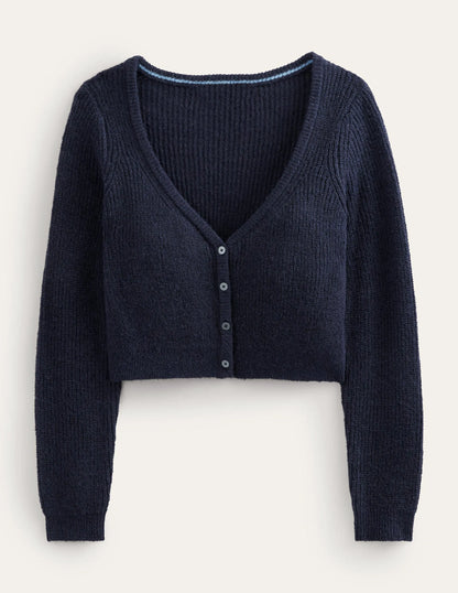 Cropped Fluffy Cardigan-Navy