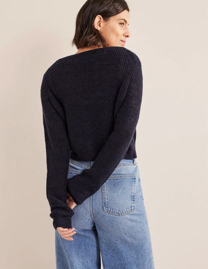 Cropped Fluffy Cardigan-Navy