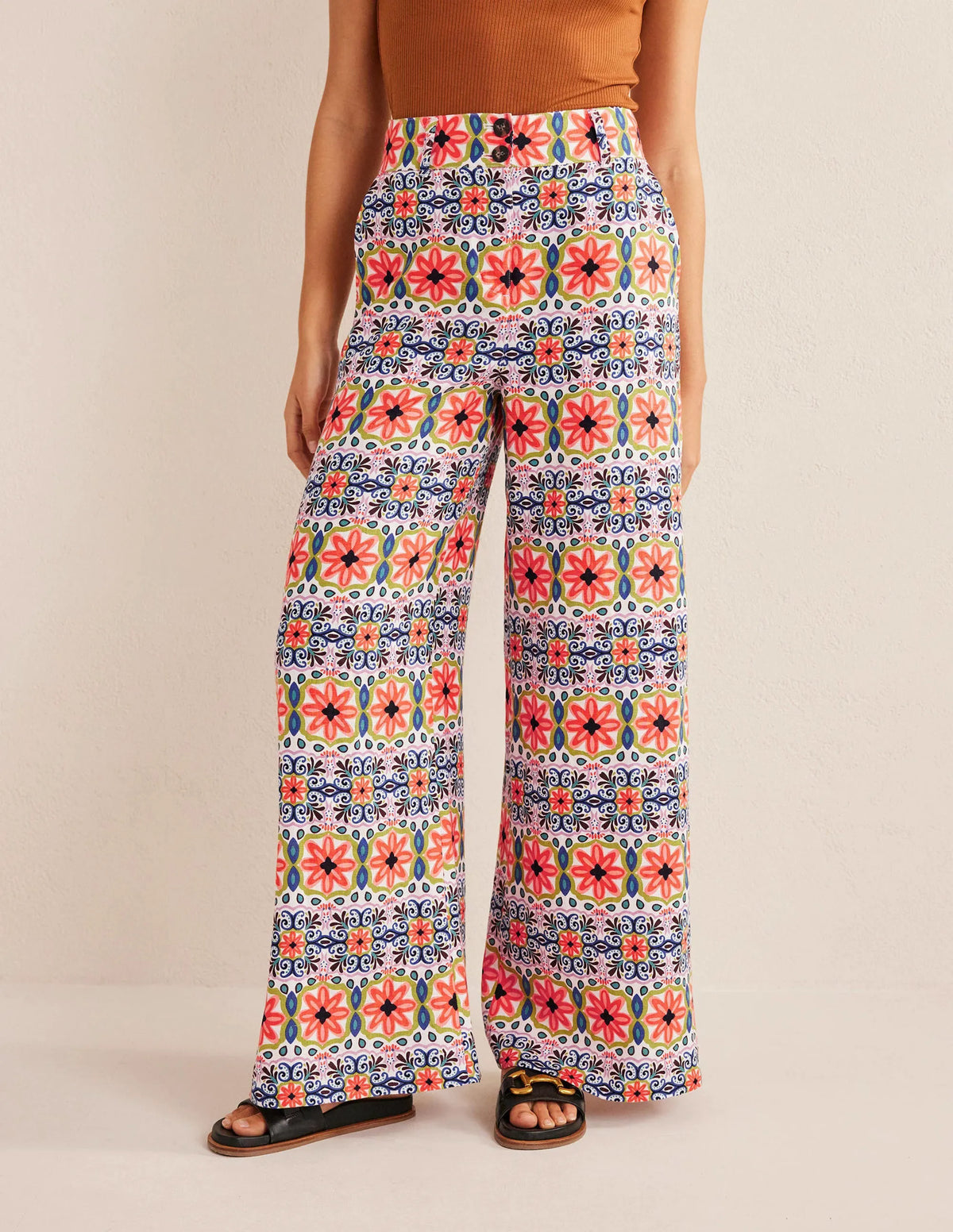 Wide Leg Printed Linen Pants-Multi, Tapestry Stripe