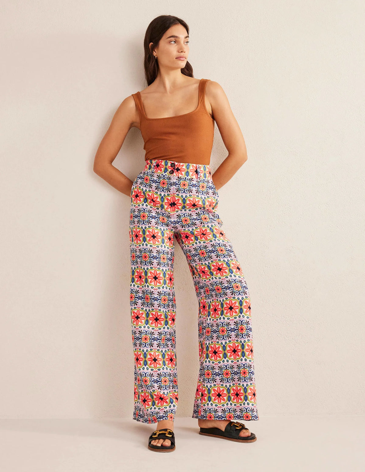 Wide Leg Printed Linen Pants-Multi, Tapestry Stripe