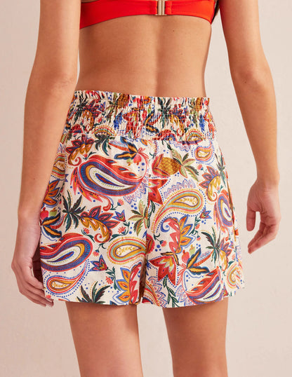 Linen Shirred Waist Shorts-Ivory Conversational Print