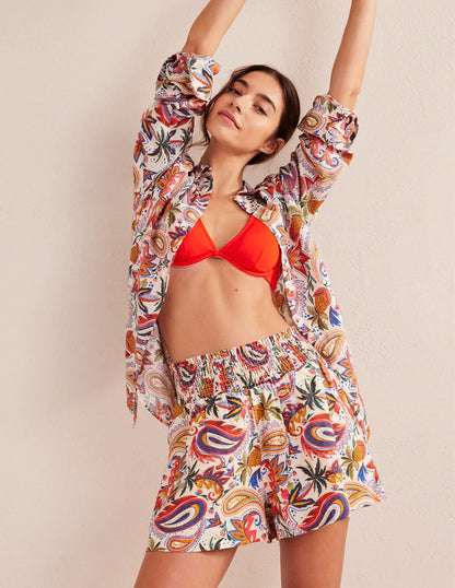 Linen Shirred Waist Shorts-Ivory Conversational Print