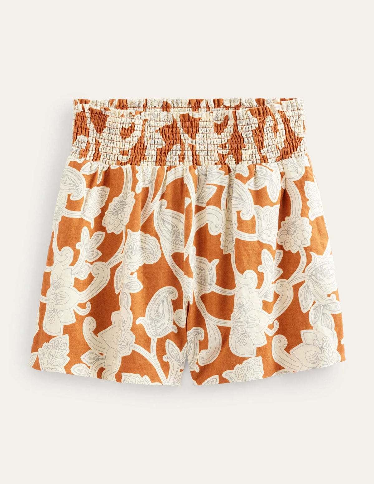 Linen Shirred Waist Shorts-Rust Paisley Whirl