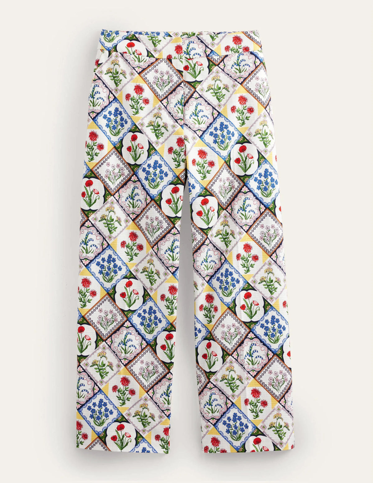 Printed Straight Pants-Ivory, White Bluebell