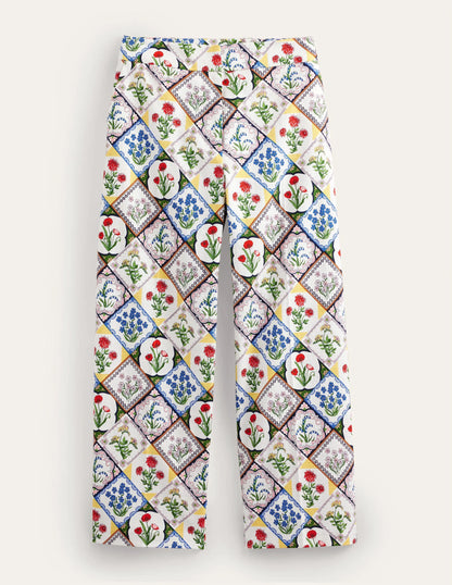 Printed Straight Pants-Ivory, White Bluebell