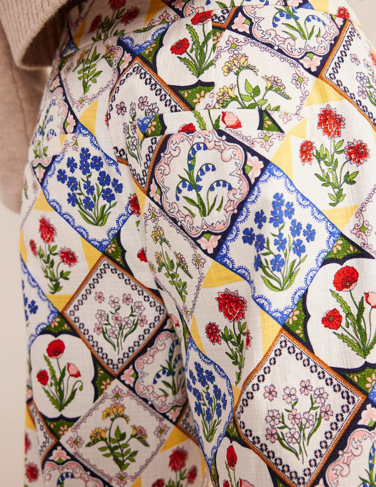 Printed Straight Pants-Ivory, White Bluebell
