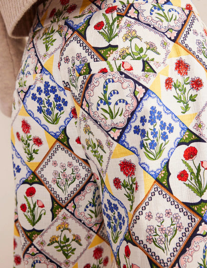 Printed Straight Pants-Ivory, White Bluebell