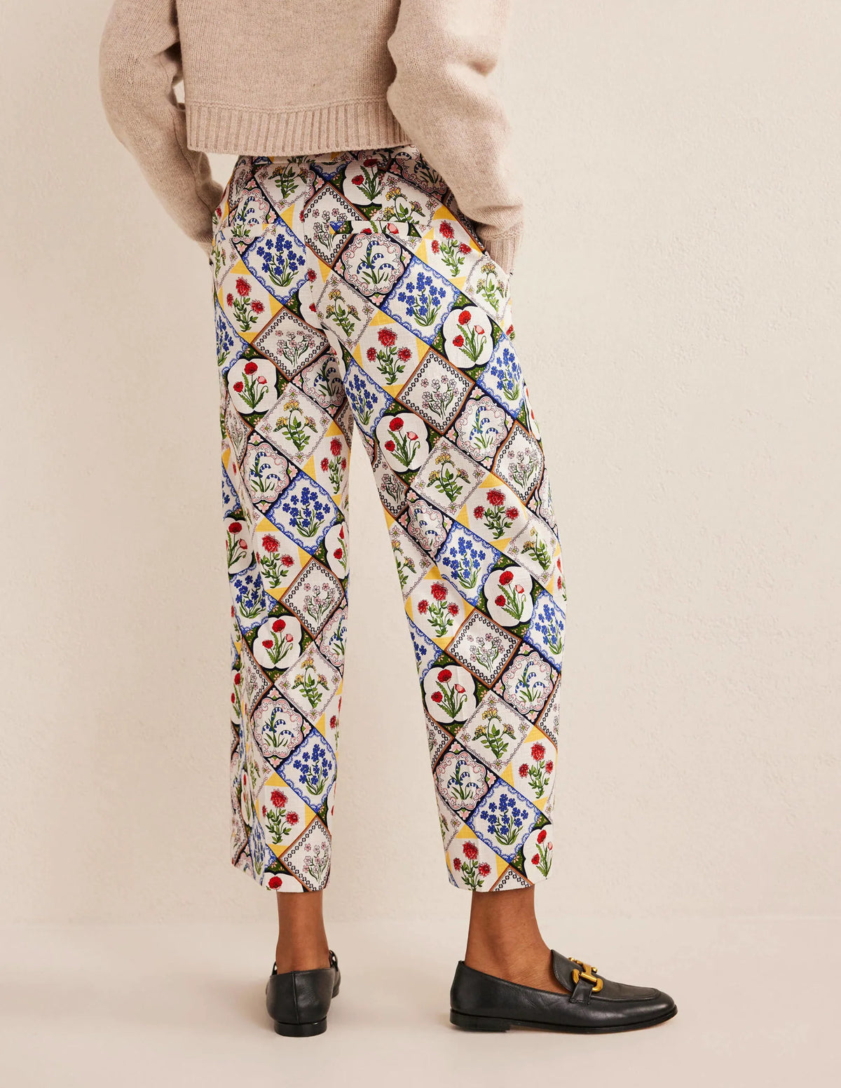 Printed Straight Pants-Ivory, White Bluebell