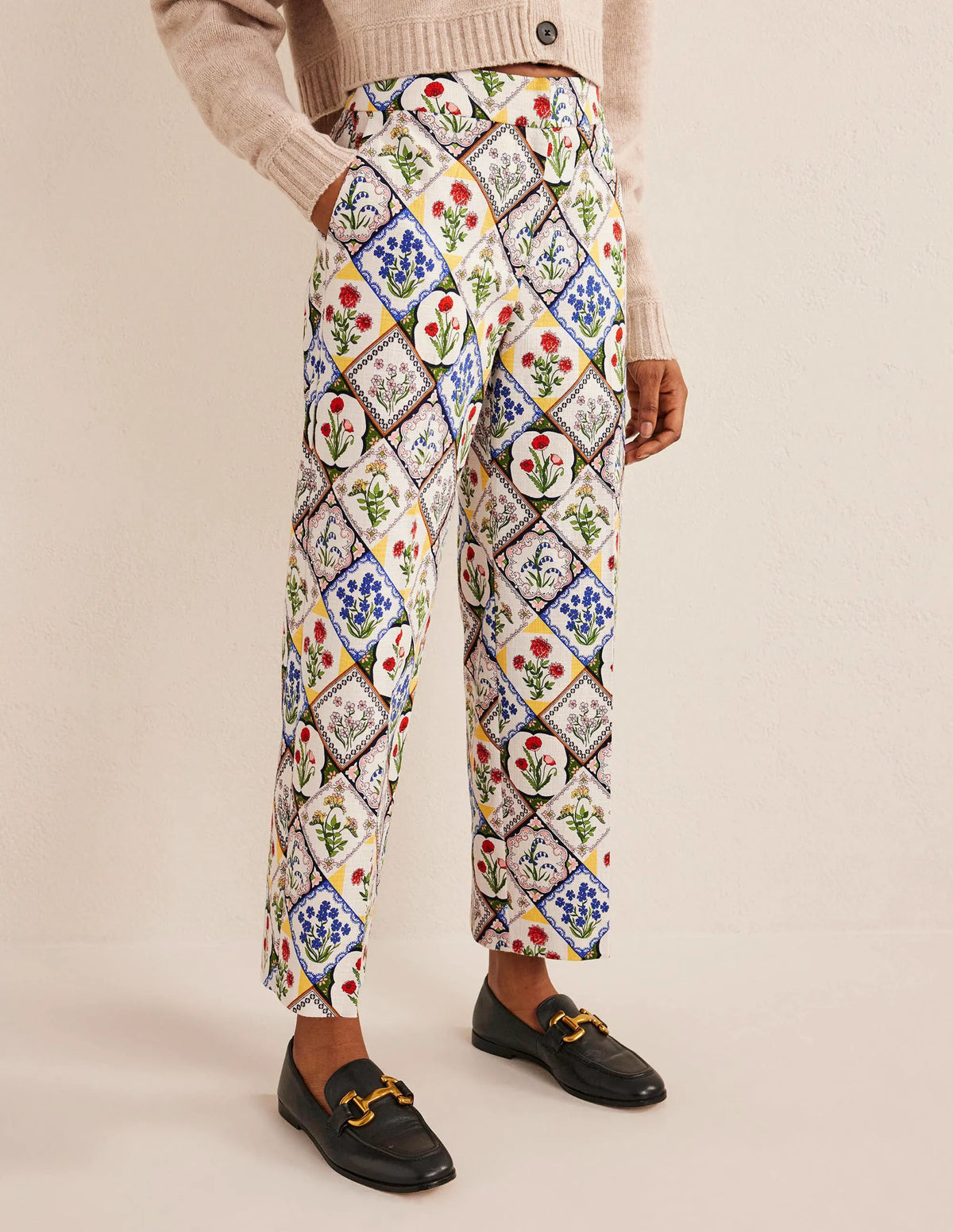 Printed Straight Pants-Ivory, White Bluebell