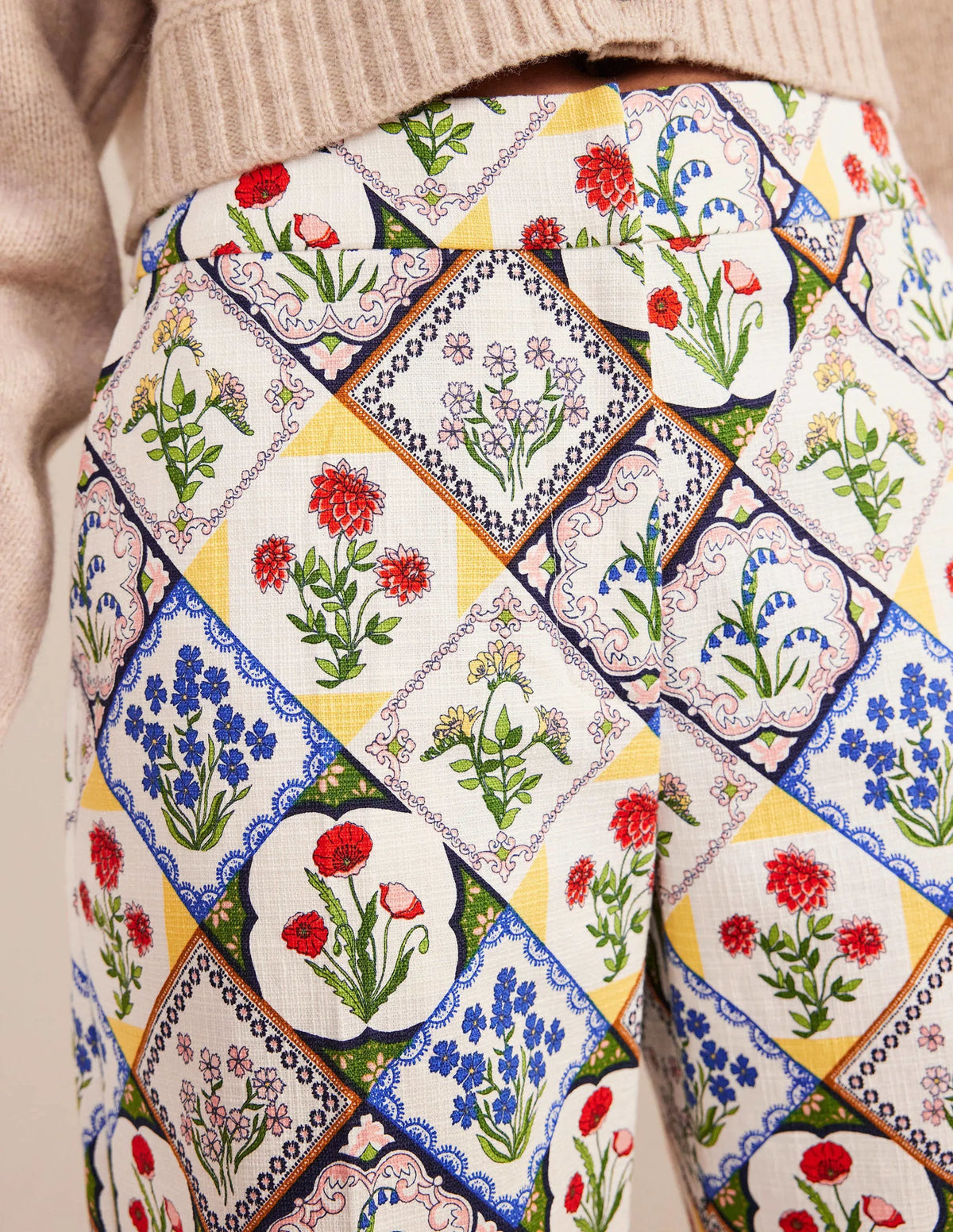 Printed Straight Pants-Ivory, White Bluebell