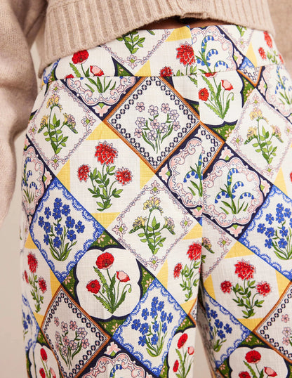 Printed Straight Pants-Ivory, White Bluebell
