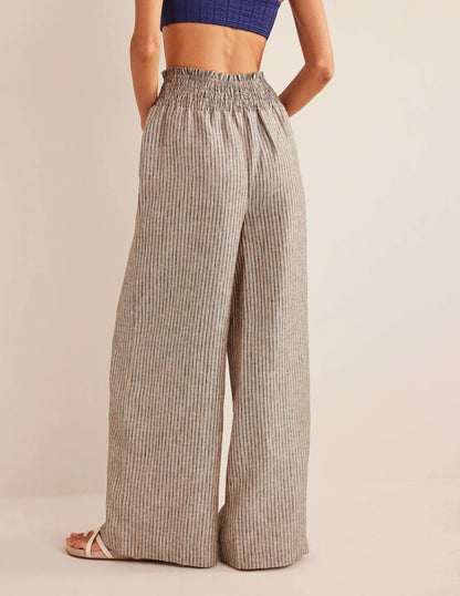 Linen Shirred Waist Pants-Camel and Black Lurex Stripe
