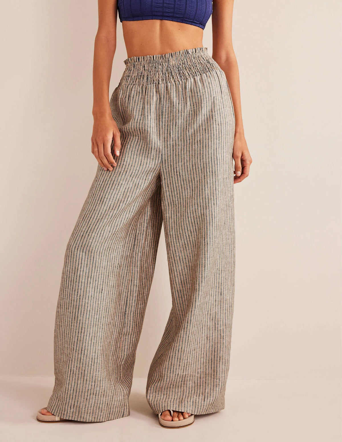 Linen Shirred Waist Pants-Camel and Black Lurex Stripe
