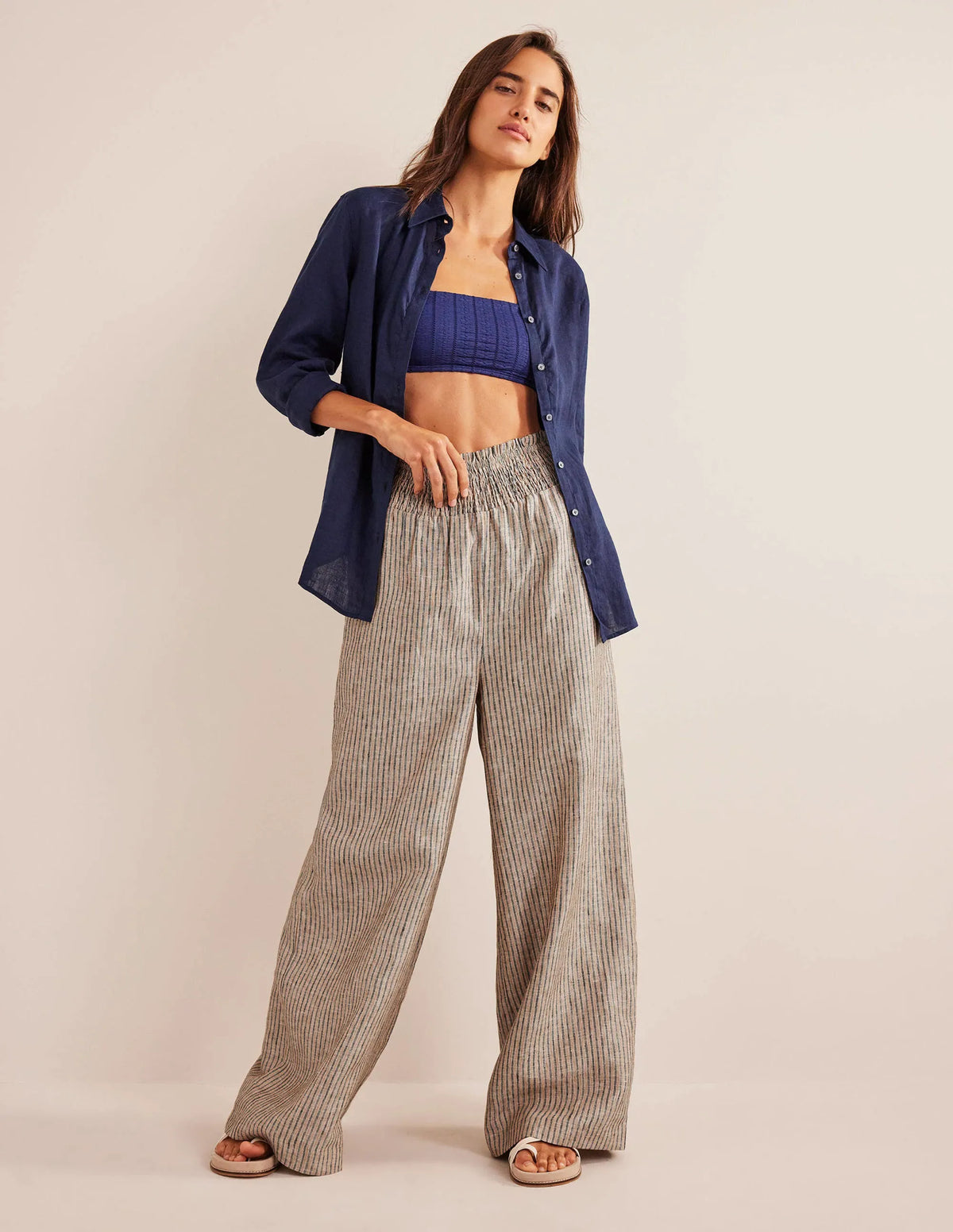 Linen Shirred Waist Pants-Camel and Black Lurex Stripe
