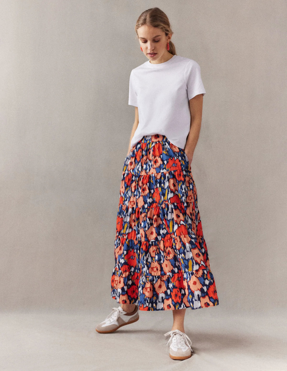 Tiered Poplin Midi Skirt-Navy, Abstract Poppy Large