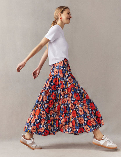 Tiered Poplin Midi Skirt-Navy, Abstract Poppy Large