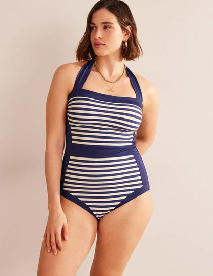 Santorini Halterneck Swimsuit-French Navy, Ivory Stripe