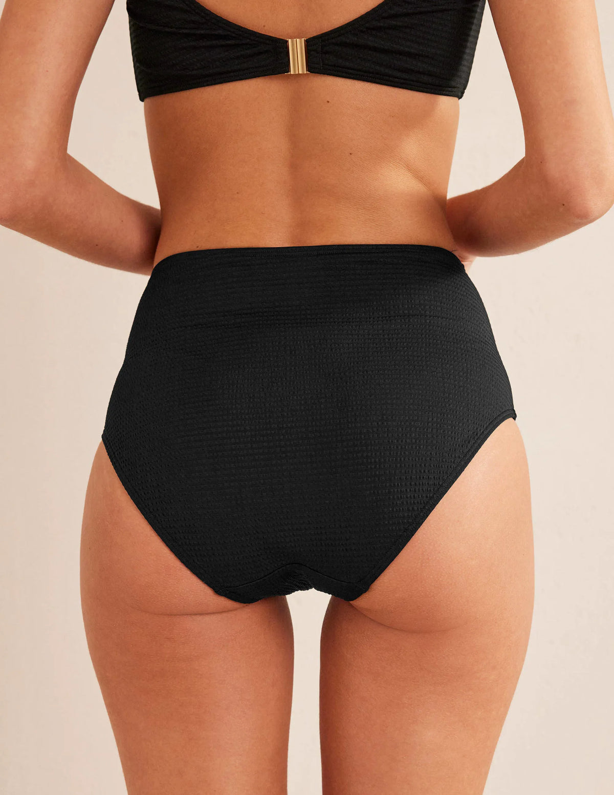 High Waisted Bikini Bottoms-Black Seersucker Texture