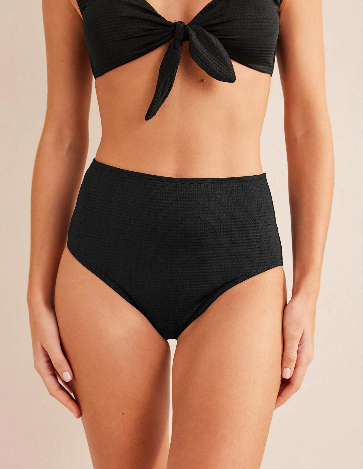 High Waisted Bikini Bottoms-Black Seersucker Texture
